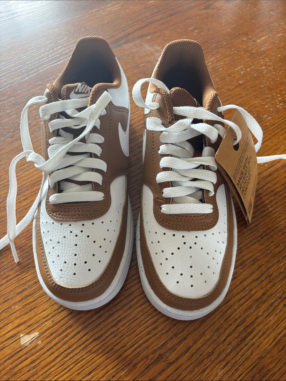 Nike White and Brown Low-Top Sneakers with Swoosh